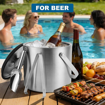 Portable Ice Buckets for Parties,3 Liter Double Wall Ice Bucket with Lid,Scoop,Tongs,Handle,Stainless Steel Ice Container to Keep Ice Frozen Longer- Ideal for Cocktail Bar,Camping,Chilling Beer/Wine