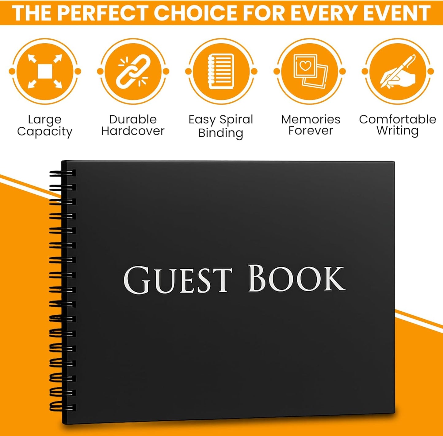 Iconikal Hardcover Guestbook 1,260 Entries Charcoal 10x8-Inch Spiral Bound Sign-In Wedding Funeral Birthday Shower Vacation Rental Memory Guest Book