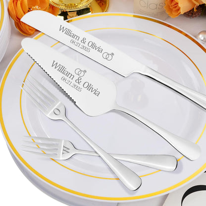 Personalized 4 Piece Cake Cutting Set for Wedding - Custom Cake Knife and Server Set with Forks, Cake Cutter Set Ideal for Wedding Anniversary Bridal Gifts (Silver)