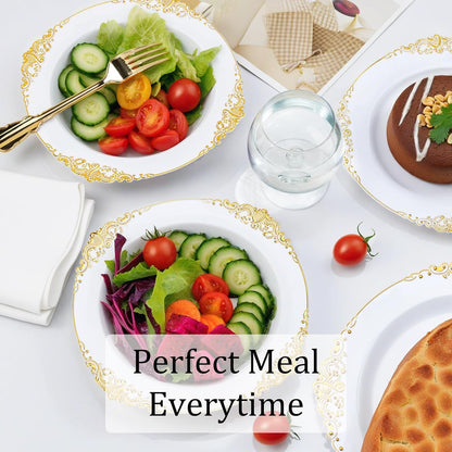 Nervure 50 Pack White Plastic Bowls with Gold Rim - 12oz Disposable Soup Bowls - Heavy Duty Dessert Bowl, Salad Bowl Perfect for Weddings, Parties, Mothers Day