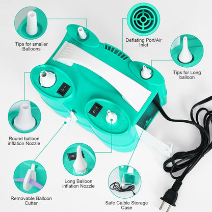 Electric Balloon Pump, Dagelar 3-in-1 Air Pump for Inflatables and Balloons, Portable Balloon Pump for Latex 260Q Long Foil Balloons, 110V Dual Nozzle Inflator Deflator for Pool Floats Air Beds (Teal)