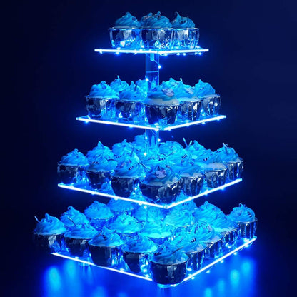 YestBuy Cupcake Stand with Yellow Led Lights, 4 Tier Cupcake Stand for 50 Cupcakes, Acrylic Cupcake Tower Stand, Clear Tiered Cupcake Holder for Birthday Cady Bar Décor Weddings, Parties Events