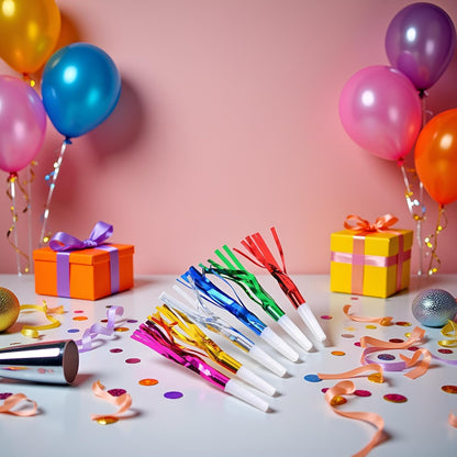 24 Pcs Random Color Metallic Noise Makers Party Blowouts Whistles Glitter Fringe Noisemaker Party Supplies Blowouts Children Toy for Sport Games