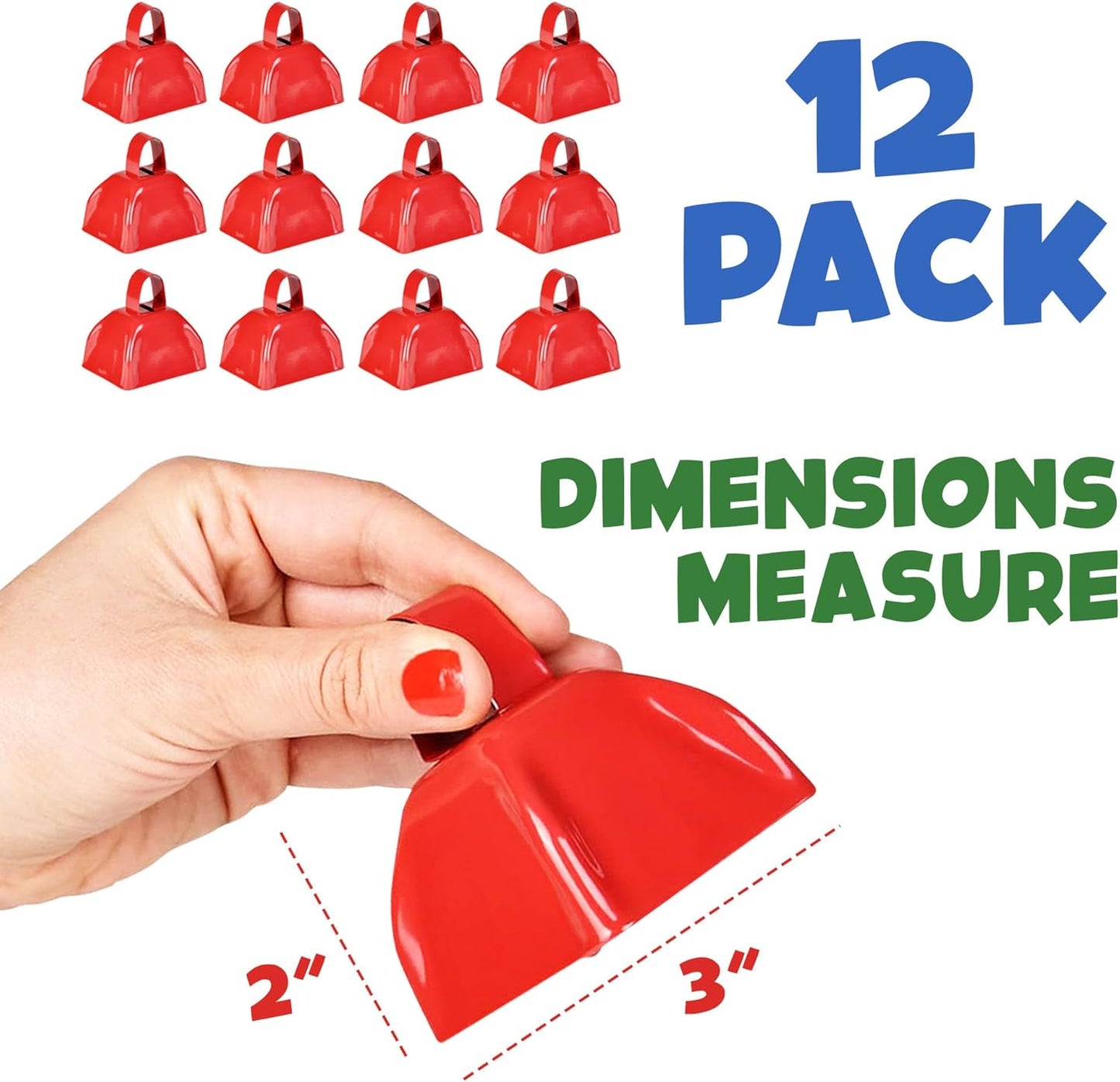 Metal Cowbell - 12 Pack, 3 Inch Red Cow Bells for Sporting Events, Cheering, Spirit, Loud Cow Bell Ideal Hand Percussion Cowbells Noise Makers for Sporting Events, Football Games, and Celebrations