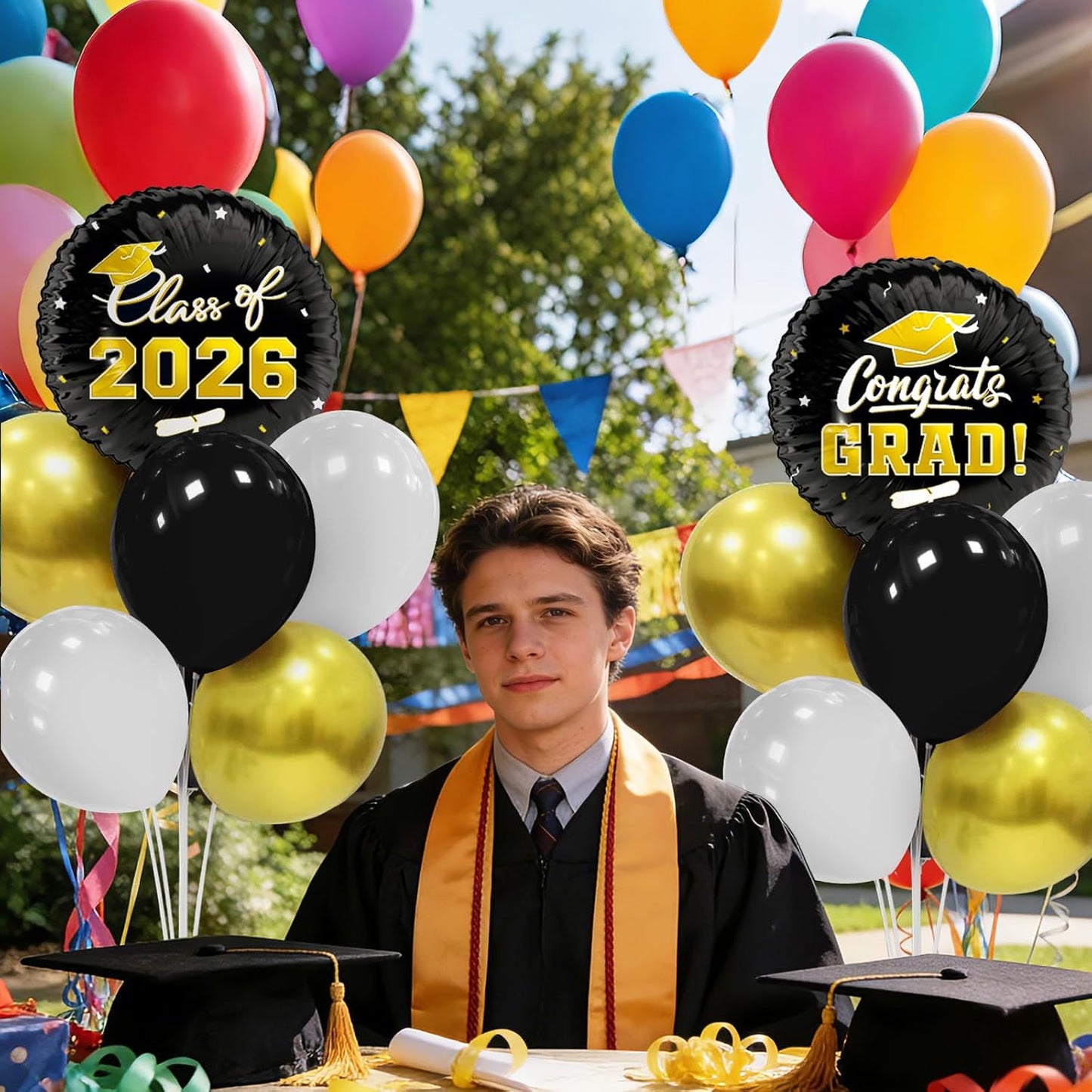 Graduation Decorations - 4 Set Balloon Stands, Class of 2026 Congrats Grad Table Centerpieces for Graduation Party Supplies(Gold& Black)