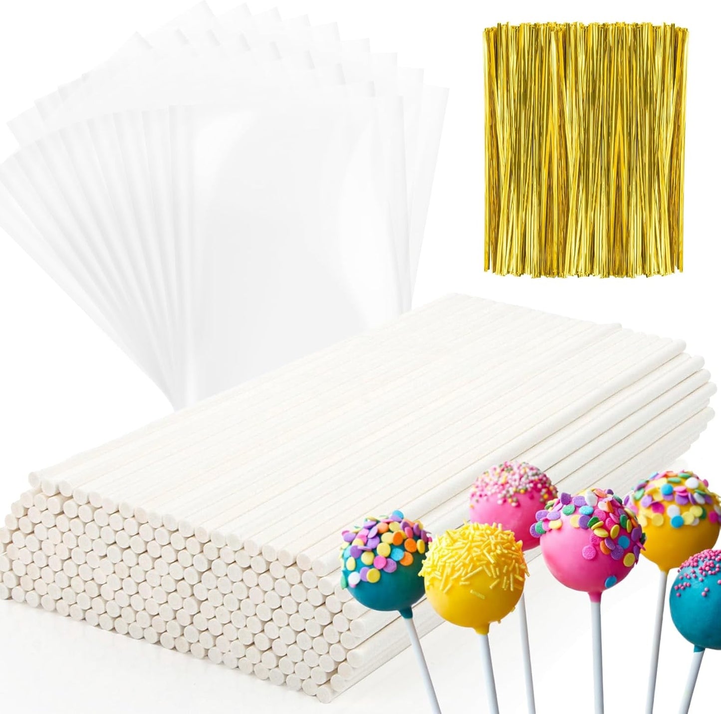 RAINFLOW 600 Pcs Cake Pop Sticks and Wrappers Kit - Lollipop Sticks and Wrappers Including 200ct Cake Pop Stick, 200ct Treat Bags, 200 Pcs Twist Ties for Cakepop, Lollipop, Candy, Chocolate
