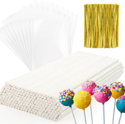 RAINFLOW 600 Pcs Cake Pop Sticks and Wrappers Kit - Lollipop Sticks and Wrappers Including 200ct Cake Pop Stick, 200ct Treat Bags, 200 Pcs Twist Ties for Cakepop, Lollipop, Candy, Chocolate