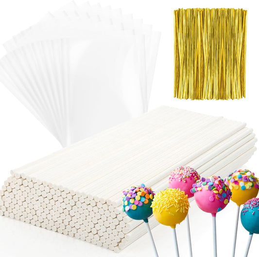 RAINFLOW 600 Pcs Cake Pop Sticks and Wrappers Kit - Lollipop Sticks and Wrappers Including 200ct Cake Pop Stick, 200ct Treat Bags, 200 Pcs Twist Ties for Cakepop, Lollipop, Candy, Chocolate