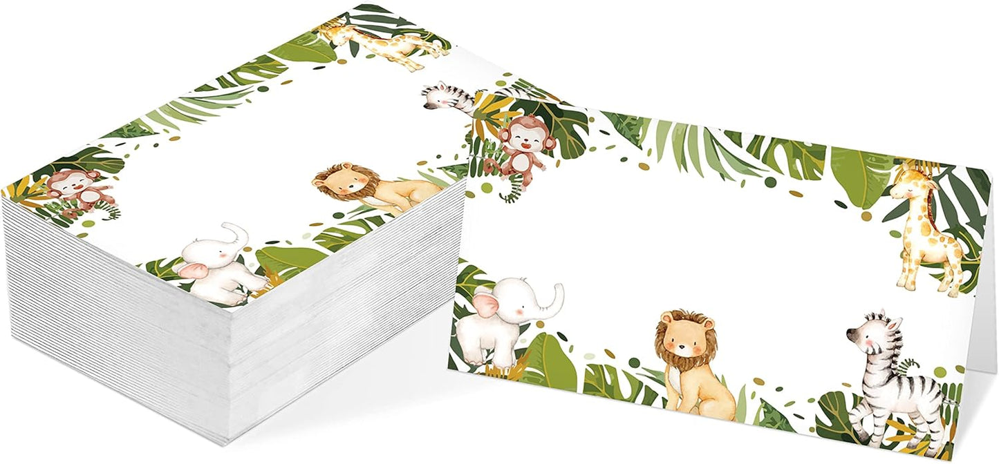 Table Place Card, Jungle Safari Animals Themed Tent Style Cards, Pack of 25 Half-Fold Reception Place Card, Gold Wild Animal Food Labels, Perfect for Baby Shower, Birthday Party C08
