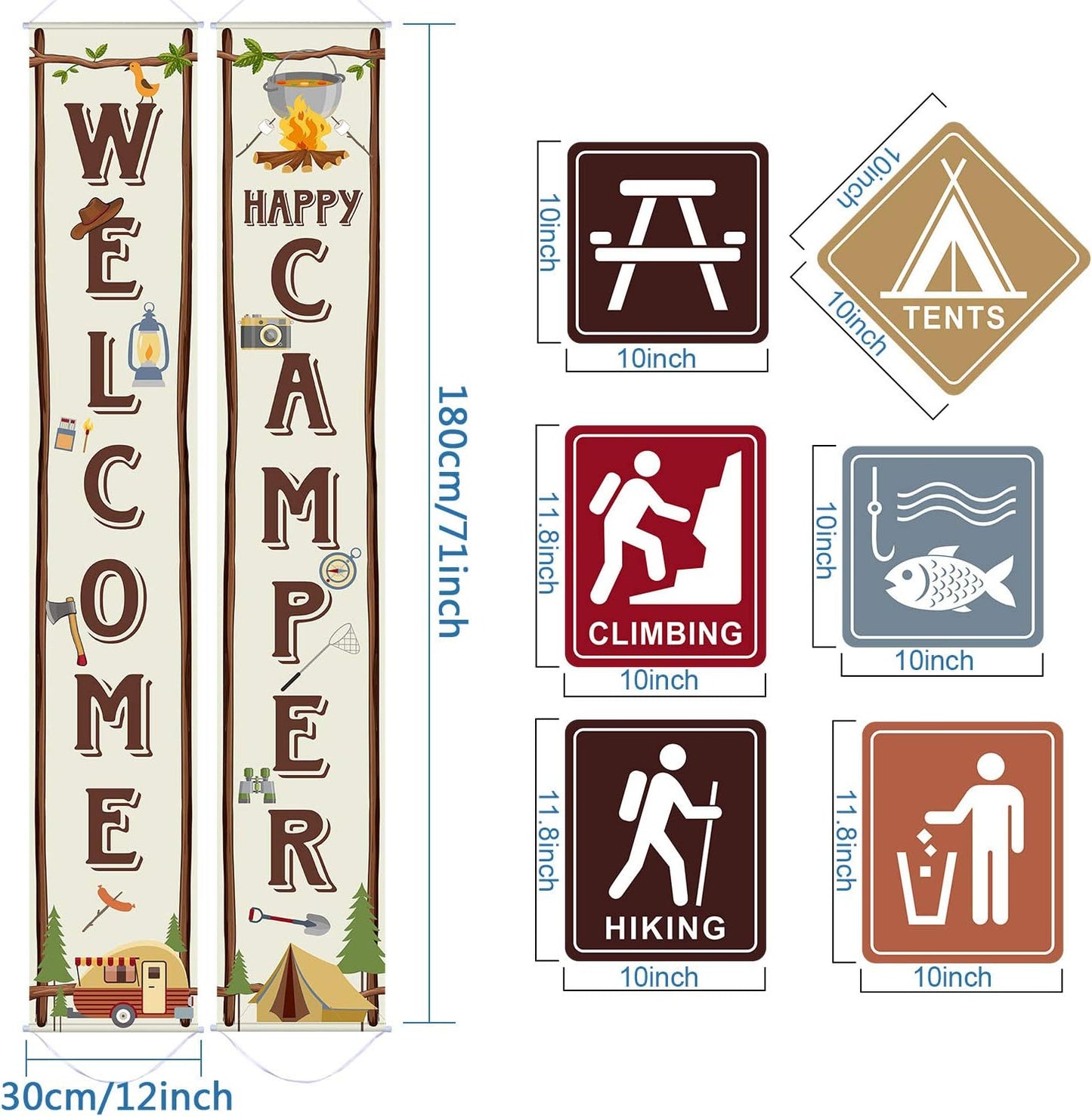 Blulu Camping Themed Party Decorations Set, Big Size Laminated Sign Cutouts, Camping Party Banner Welcome Porch Sign for Themed Birthday Decorations
