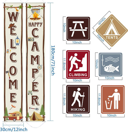Blulu Camping Themed Party Decorations Set, Big Size Laminated Sign Cutouts, Camping Party Banner Welcome Porch Sign for Themed Birthday Decorations