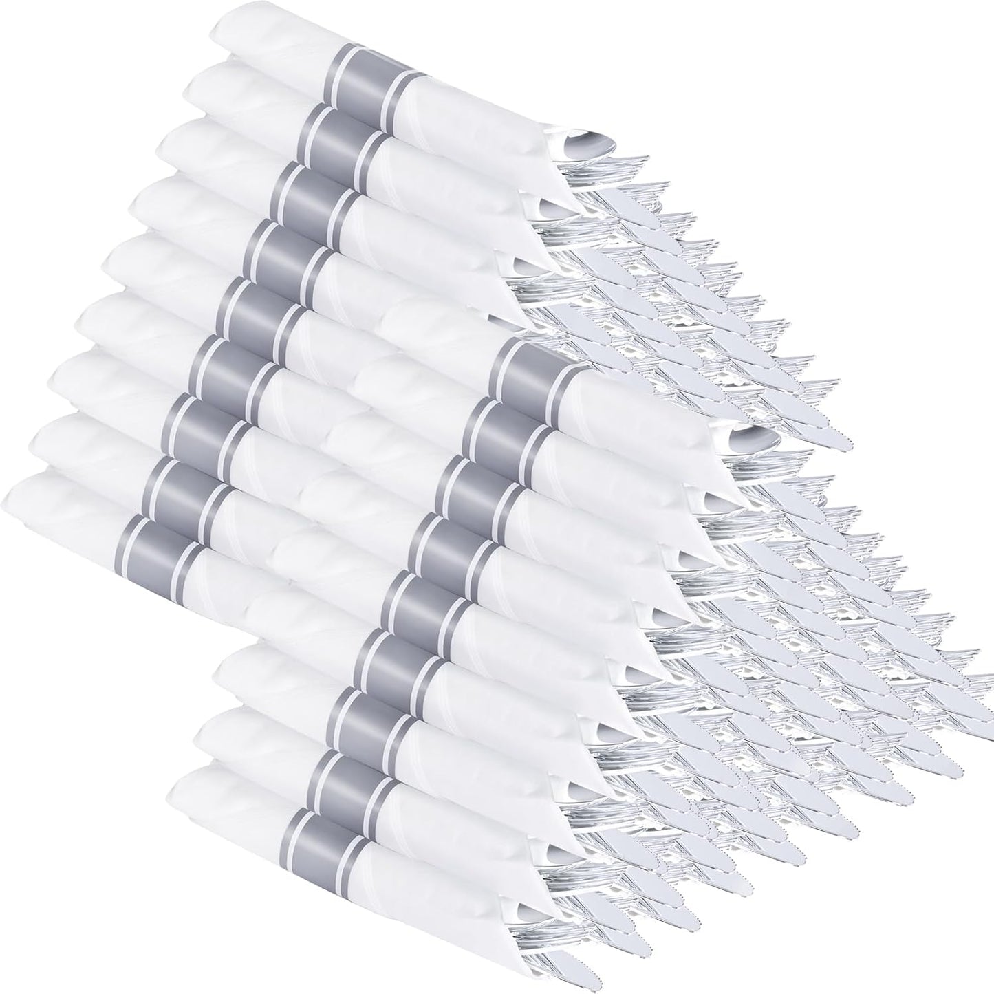 Supernal 240 Silver Plastic Silverware Set - 60 Sets Pre Rolled Napkins with Cutlery - Mirror Polished Real Look Disposable Silver Utensils- Elegant Heavy Duty Flatware for Weddings & Catering