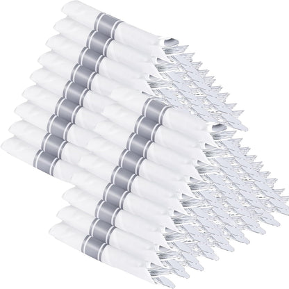 Supernal 240 Silver Plastic Silverware Set - 60 Sets Pre Rolled Napkins with Cutlery - Mirror Polished Real Look Disposable Silver Utensils- Elegant Heavy Duty Flatware for Weddings & Catering