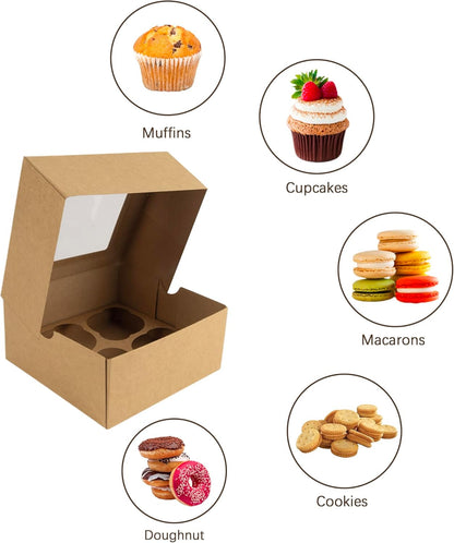 Jotique Cupcake Boxes with Window, 30 Sets 6x6x3 Inch Kraft Paper Bakery Boxes for Cookies and Muffins, Sturdy Disposable Treat Boxes for Pastry, Baked Goods, Gift Giving, Mother's Day