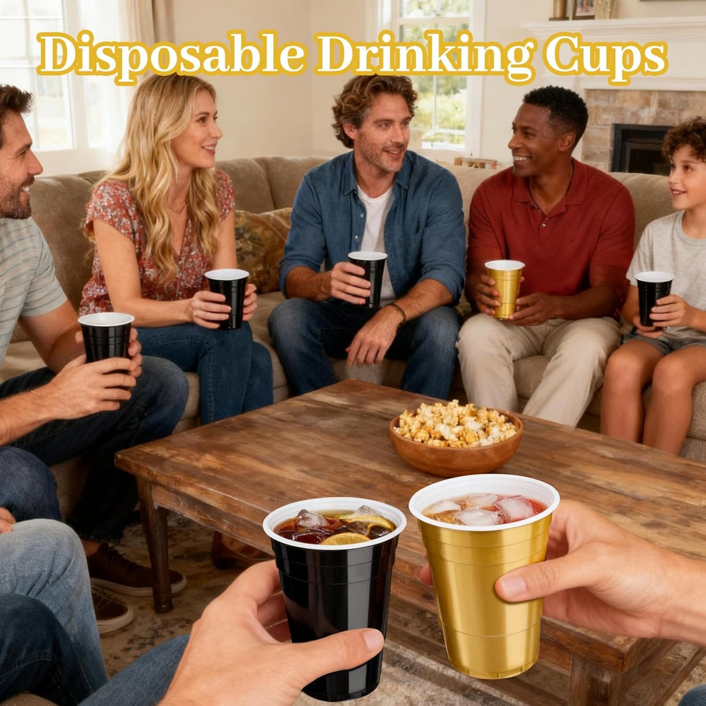 GGOLDMER 50 Pack 16oz Plastic Party Cups - Black and Gold Disposable Plastic Cups Graduation Cup for Cold Drinks, Halloween, Party, Weddings, Birthdays, Picnic, Holiday