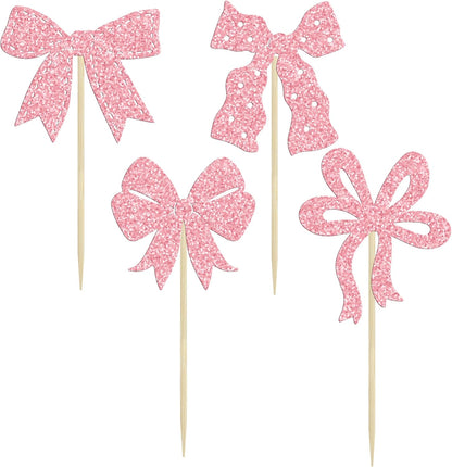 Ephlyn 24Pcs Pink Bow Cupcake Toppers Bow Birthday Cake Topper Girls Birthday Party Decorations Bowknot Cupcake Decorations for Bridal Wedding Themed Party Multi