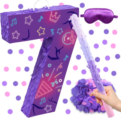 Musical Note Birthday Decorations, 15.7 x 11.5 x 3 Inch Purple Musical Note Number 7 Pinata with 16 Inch Piñata Stick Blindfold Confetti for 7th Music Theme Birthday Party Supplie