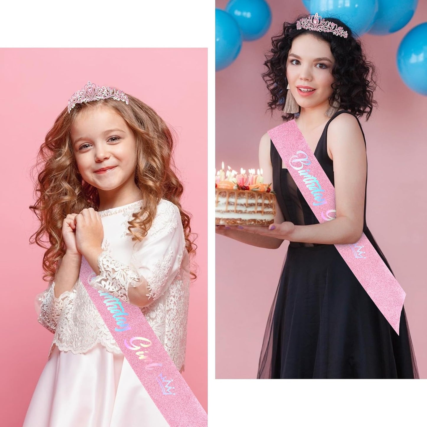CIEHER Birthday Girl Crown and Sash - Rose Gold Tiara Birthday Decorations for Women and Girls