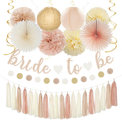 Champagne-Gold Beige Fall Baby-Shower Party-Decorations - 36pcs Welcome Home Banner Sign,Neutral Paper Lanterns,Girl Streamers Garland,Boho Hanging Tissue Pom Poms Flowers Fans Backdrop Decor Burgleda