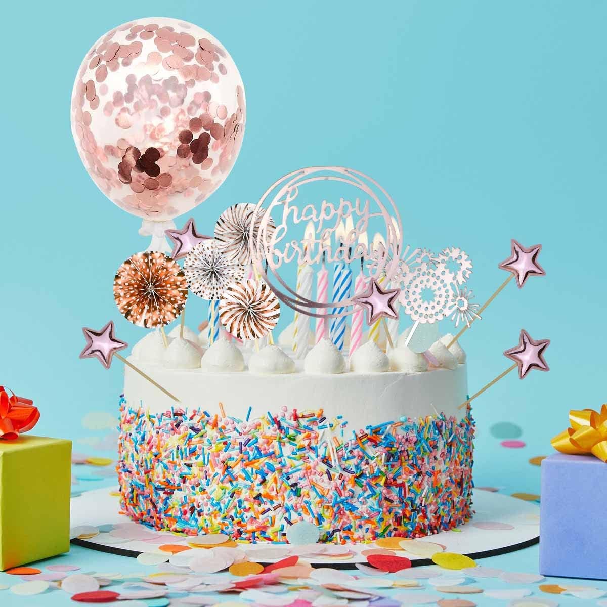 Cake Topper Decoration Set Acrylic Glitter Happy Birthday Cake Topper with Confetti Balloon Paper Fans Stars Firework Cupcake Toppers for Gold Theme Decor Girl Women Birthday Party Supplies (Gold)