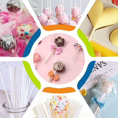 300Pcs 6 Inch(4MM DIA) Cake Pops Sticks,Lollipop Sticks, Cake pop Bags and Wrappers Chocolates and Cookies Set Including 100 Parcel Bags, 100 Papery Treat Stick, 100 Colorful Metallic Twist Ties