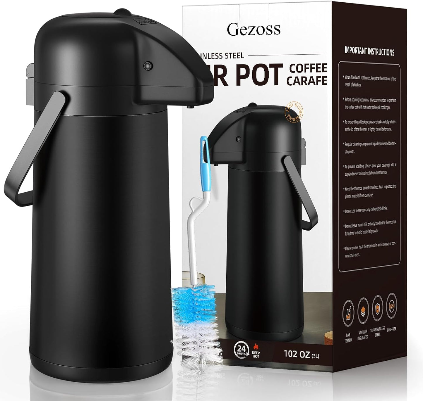 Coffee Carafe for Keeping Hot - Gezoss 102OZ / 3L Airpot Coffee Dispenser with Pump - Large Coffee Carafe for Hot Drinks Tea Liquid - Insulated Stainless Steel Hot Water Beverage Urn for Parties