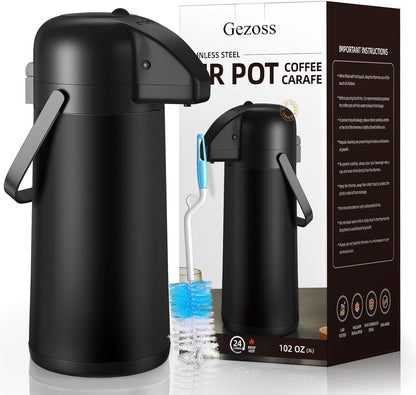 Coffee Carafe for Keeping Hot - Gezoss 102OZ / 3L Airpot Coffee Dispenser with Pump - Large Coffee Carafe for Hot Drinks Tea Liquid - Insulated Stainless Steel Hot Water Beverage Urn for Parties