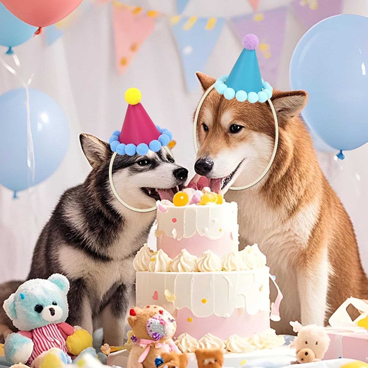 12 Pack Mini Party Hats for Stuffed Animals, Mini Hats with Pom Poms Dog Birthday Party Hats for Dolls Dog Cat Pet Birthday Decoration