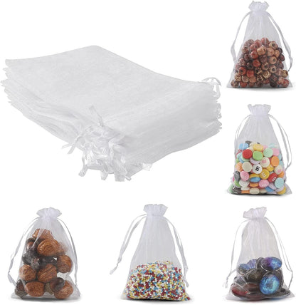 ANZNKU 50 Pack Organza Bags 5 x 7 in White Small Mesh Gift Bags Bulk Drawstring for Wedding Party Favors, Little Goodie Bag for Candy Jewelry Soap Makeup, Treat Sachet Pouch for Mothers Gifts Wrap