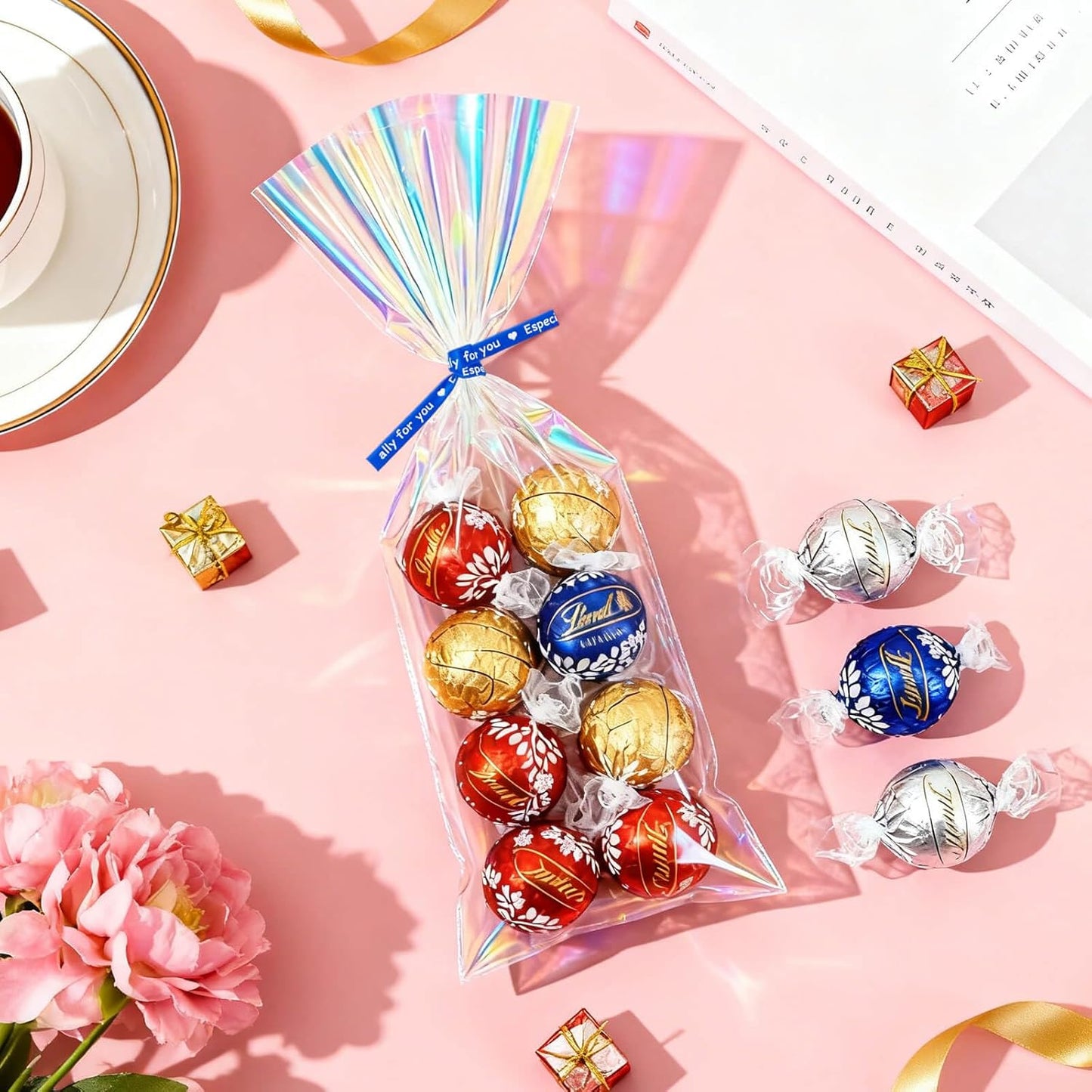 5x7 Inch Iridescent Cellophane Treat Bags with Twist Ties, Treat Bags for Candy Cookie Goodie Chocolates, And Popcorn