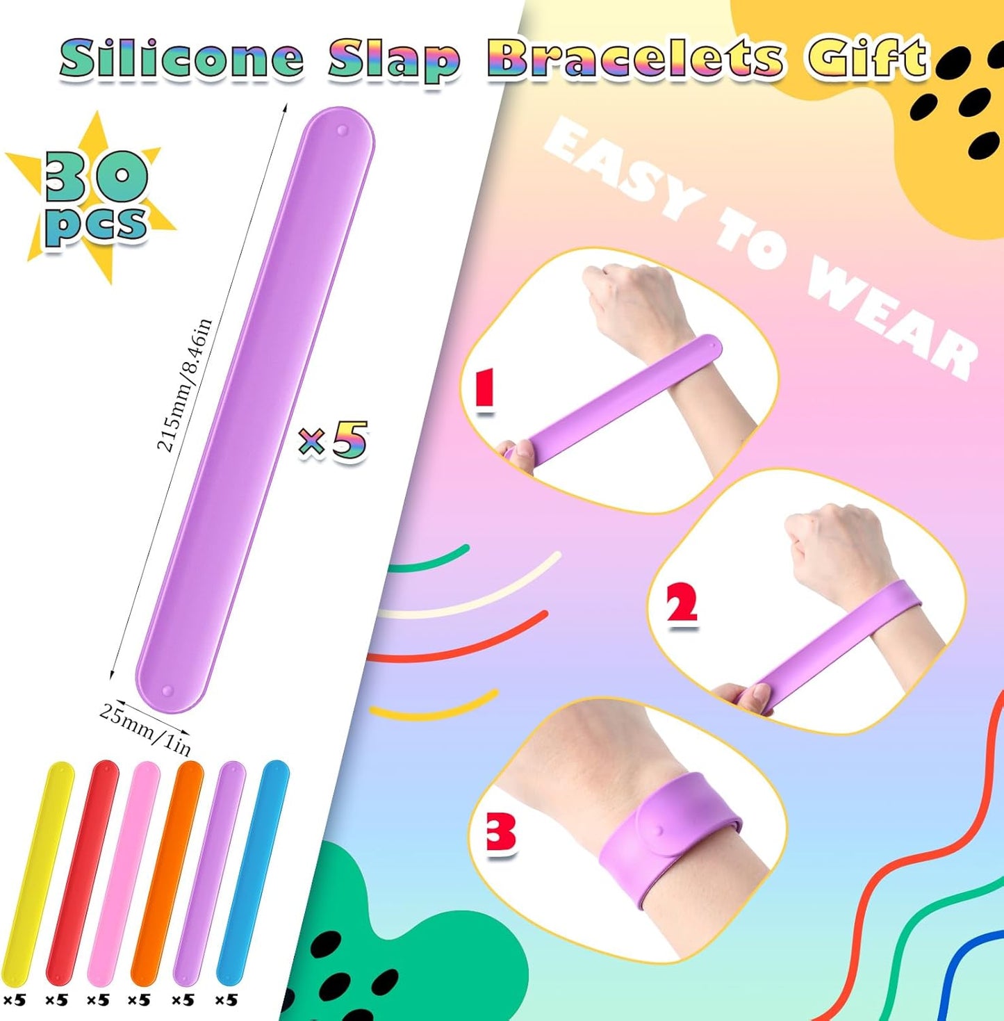 Vinsot 30 Pcs Silicone Slap Bracelets Gift for Kids DIY Slap Bands Party Favor Soft Blank Snap Wristbands Bulk for School Craft Project Painting Classroom Prizes Birthday Wedding