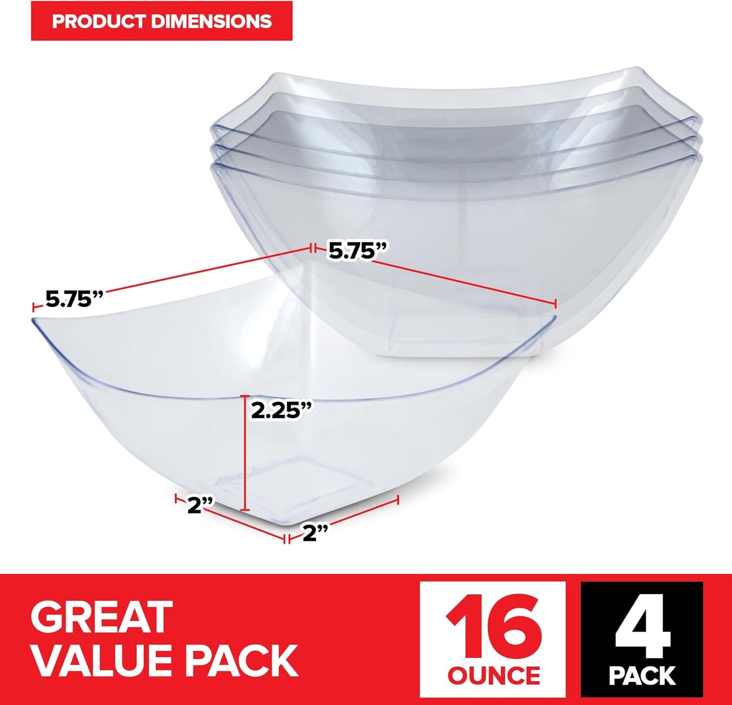 64oz Clear Plastic Serving Bowls (4 Pack) Large Disposable Candy Dishes, Square Plastic Buffet Containers for Chips, Snacks, Mints, Salad Bar, Snack Bowl Parties, Office, Bridal Shower, Party Supplies