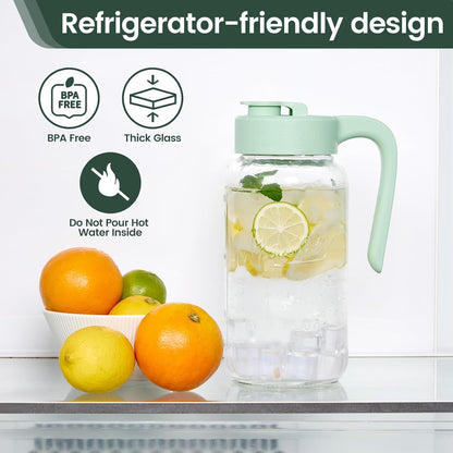 Mason Jar Pitcher - Airtight & Leakproof Glass Pitcher with Lid, Perfect for Breastmilk, Cold Brew, and Sun Tea, 2 Quart (64 oz) 1/2 Gallon Mason Jar with Pour Spout Lid