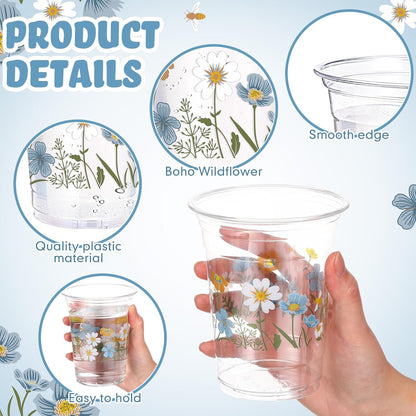 Hushee 60 Pcs Purple Floral Cups with Spring Summer Flower 16 oz Wildflowers Plastic Disposable Drinking Cups for Summer Spring Birthday Baby Shower Wedding Party Supplies