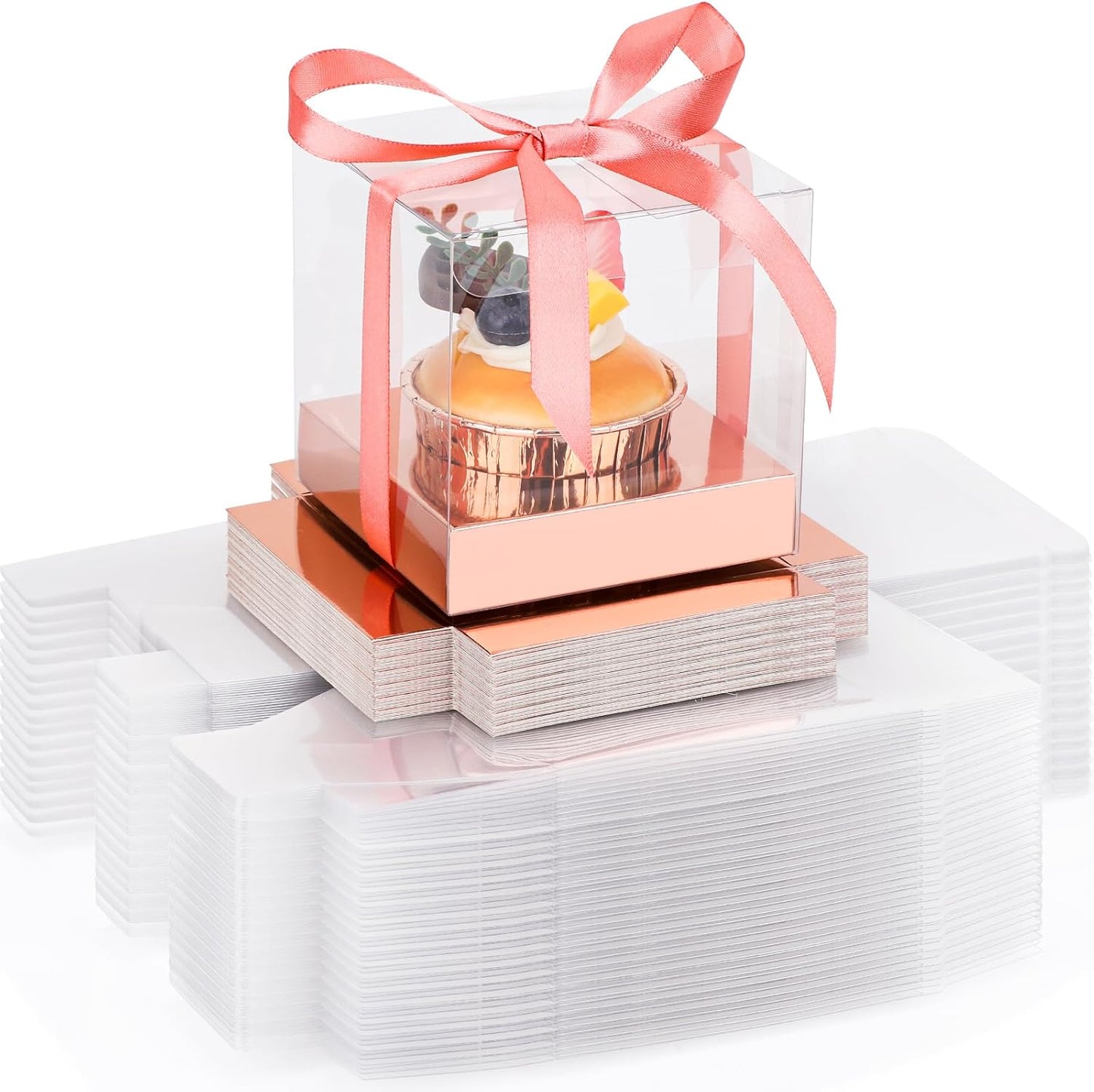 EUSOAR Individual Cupcake Holder, 50pcs 3.5 Inch Plastic Black Cupcake Containers with Lids, Single Transparent Display Clear Cupcake Carrier with Ribbon and Inserts for Wedding Party Favor