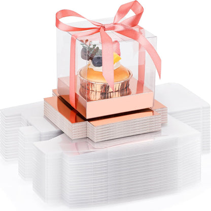 EUSOAR Individual Cupcake Holder, 50pcs 3.5 Inch Plastic Black Cupcake Containers with Lids, Single Transparent Display Clear Cupcake Carrier with Ribbon and Inserts for Wedding Party Favor