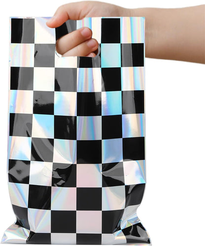 Mikzhskr 30Pcs Race Car Party Favors Bag Goodie bags Racing in Speed Party Decorations Soccer Theme Black and White Checkered Candy Bags with Handles for Kids Race Car Birthday Party Supplies