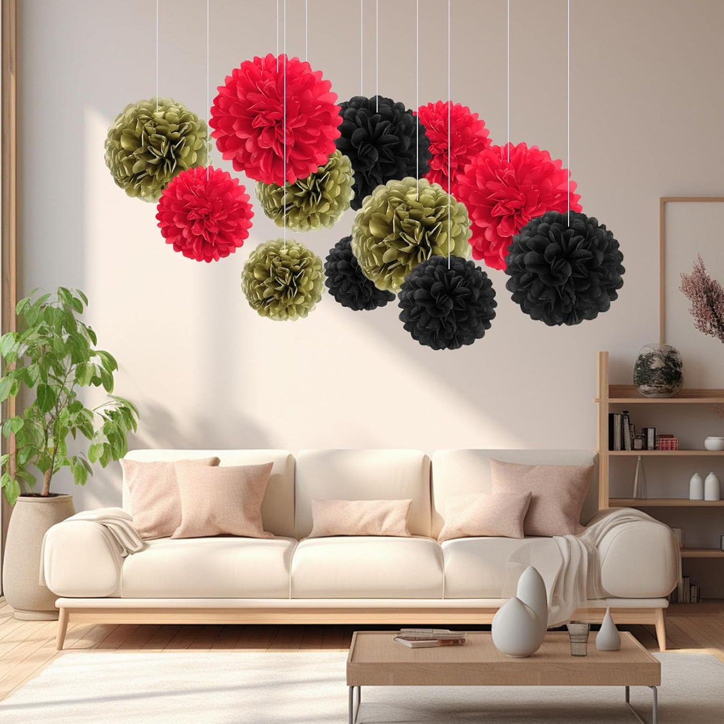 18 PCS Tissue Paper Pom Poms, Tissue Pom Poms Flowers, Sizes of 6", 10", 12", 14" Hanging Paper Flower Ball for Wedding, Birthday, Halloween, Christmas, Baby Shower Party Decor (Red Black Gold)