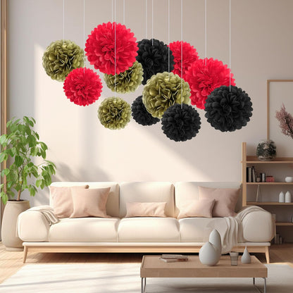 18 PCS Tissue Paper Pom Poms, Tissue Pom Poms Flowers, Sizes of 6", 10", 12", 14" Hanging Paper Flower Ball for Wedding, Birthday, Halloween, Christmas, Baby Shower Party Decor (Red Black Gold)