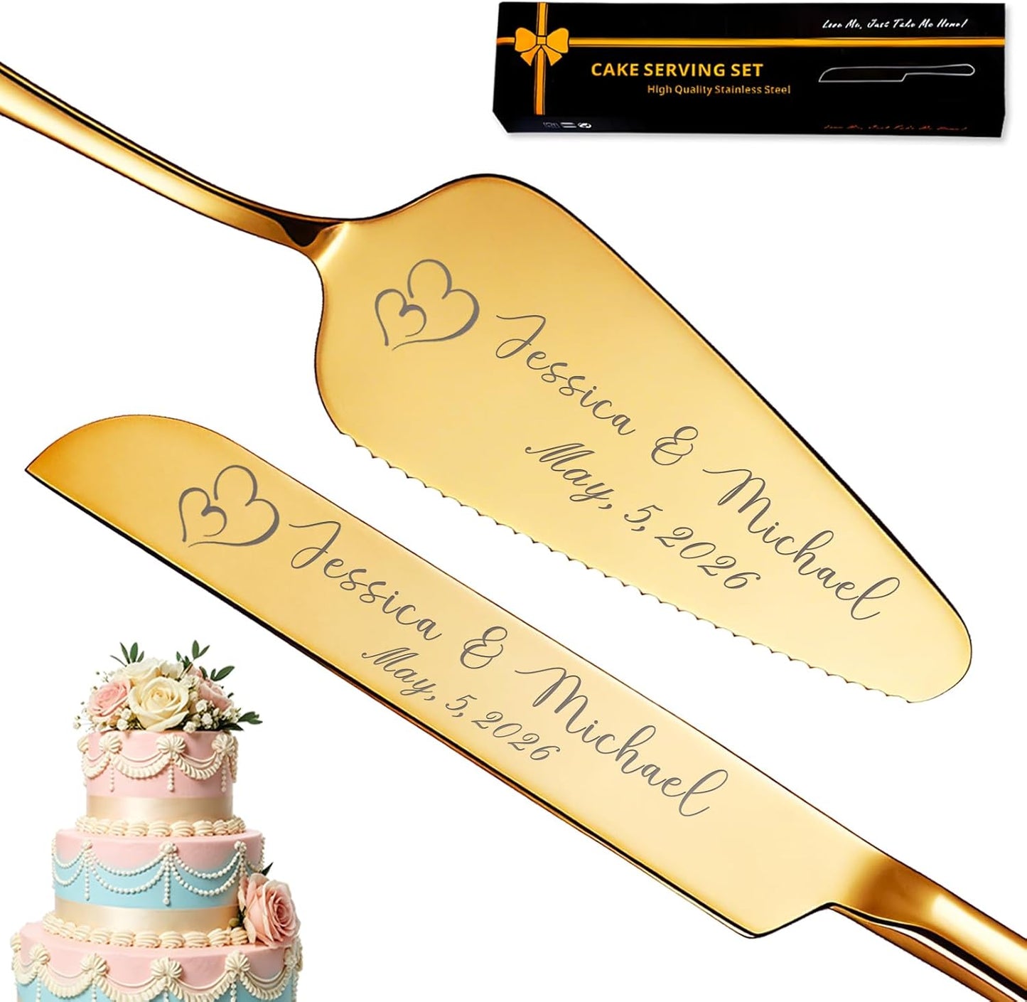 Personalized Wedding Cake Knife and Server Set, Custom Engraved Cake Cutting Set with Name Date, Customized Wedding Gifts for Birthday Bride & Groom (2 - Piece Set)