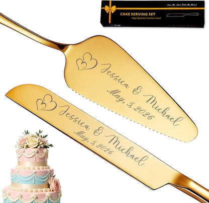 Personalized Wedding Cake Knife and Server Set, Custom Engraved Cake Cutting Set with Name Date, Customized Wedding Gifts for Birthday Bride & Groom (2 - Piece Set)
