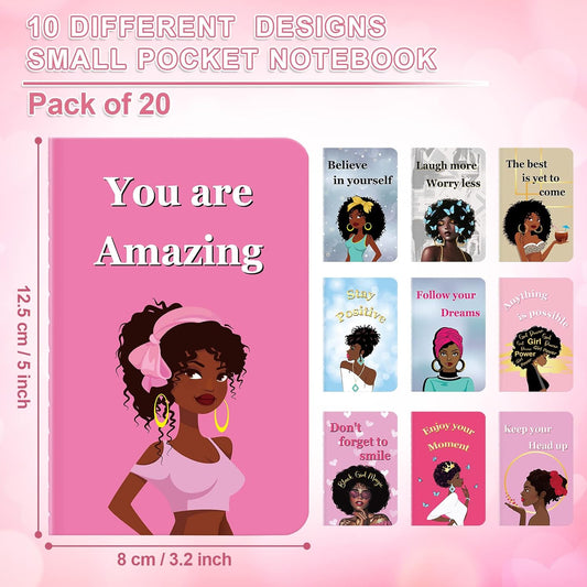 20 Pcs Black Girl Journal Mini Black Women Notebooks African American Inspirational Notebook Lined Pocket Notepad Motivational Gifts for Students Teachers Nurse Writing Composition School Office