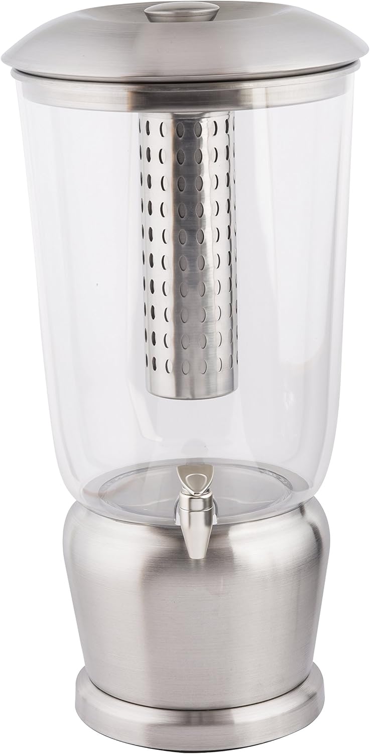 TableCraft 75 Upscale 2.5 Gallon Drink Dispenser with Fruit Infuser & Stand, Tritan & Brushed Stainless Steel, Cold Beverage Dispenser for Catering and Home Use