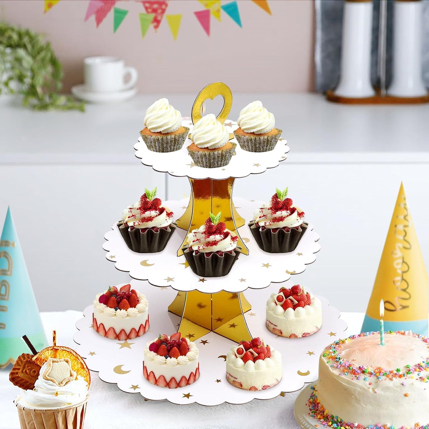 Soleebee 3-Tier Cupcake Stand, Cardboard Cupcake Tower, Dessert Cup Cake Stand Tower for Birthday Wedding Party Decoration, Cupcake Tier Stand 1 Set (Black)