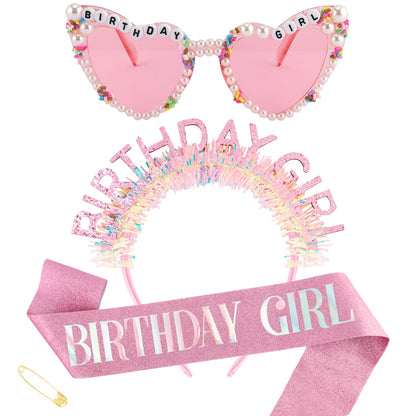 SuPoo Birthday Girl Headband Sash Sunglasses Set, Pink Birthday Accessories for Women Girls Glitter Birthday Crown & Sash Gift Outfit for Party Decorations Fun Glasses