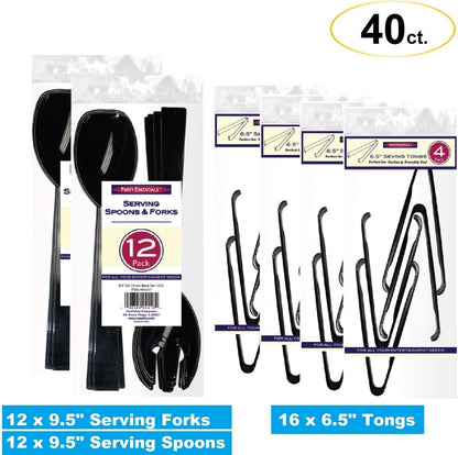Party Essentials Plastic Party Buffet Serving Utensils Kit, Spoons/Forks/Tongs, 20-Piece, Clear
