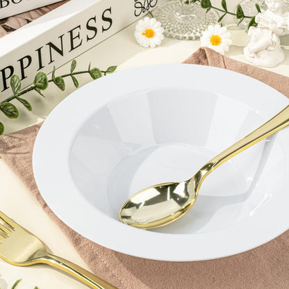 BESTVIP 100 Pack Plastic Bowls with Gold Rim, 12 oz Disposable Soup Bowls, Heavy-duty Dessert Salad Bowl for Party, Wedding, Christmas, Dinner, Catering