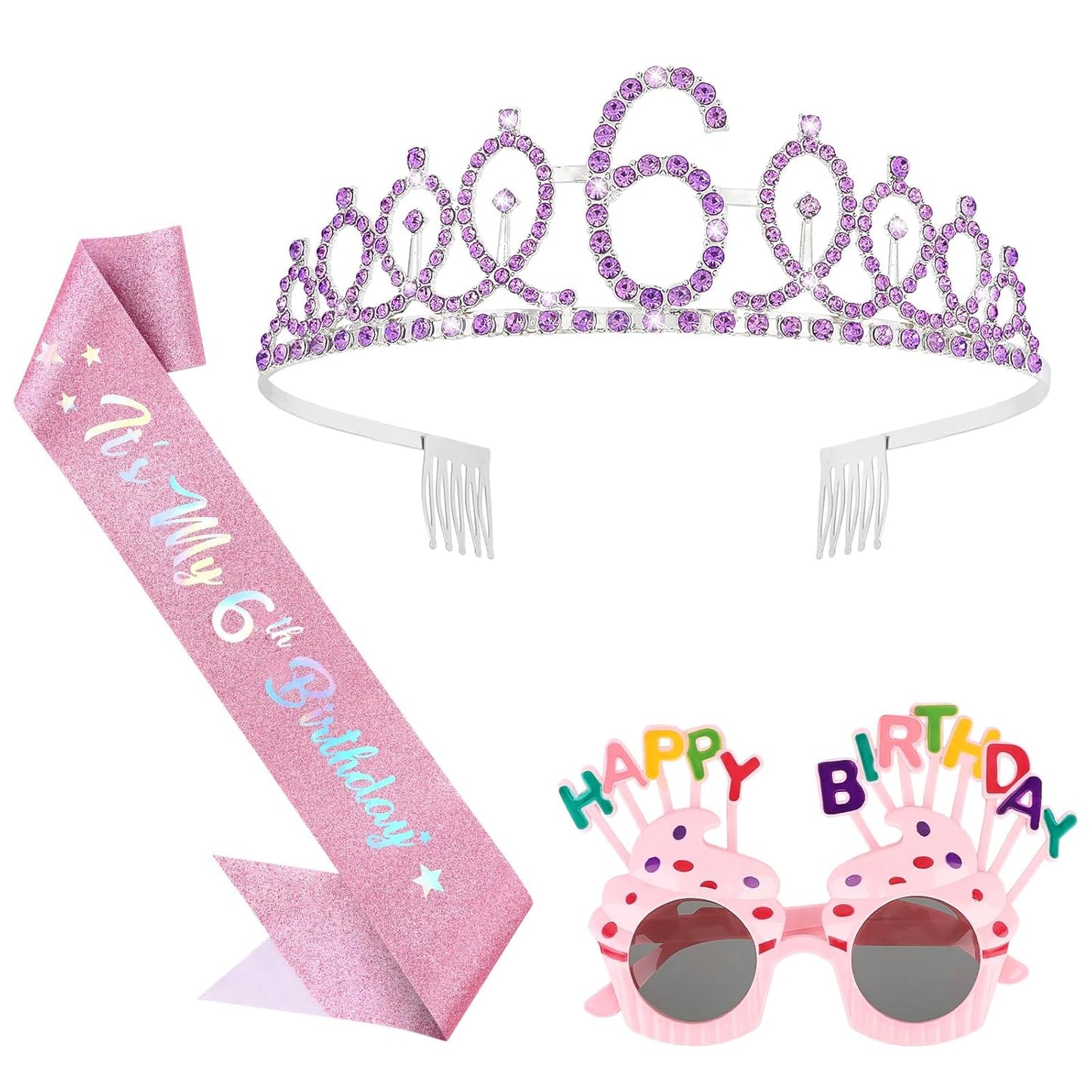 YARIEW 3rd Birthday Decorations, 3rd Glitter Purple Sash and Crown Kit with Happy Birthday Sunglasses, Tiara Princess Crown and Sash Party Outfit Accessory