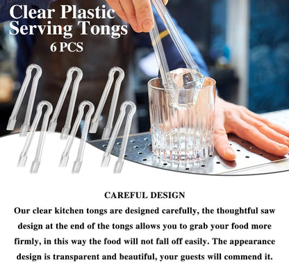 Clear Kitchen Tongs, 6 Pcs Buffet Plastic Disposable Tongs for Serving Food, Ice, Salad, Barbecue, Cookies (6.3"/16cm*0.82"/2.1cm, Weighs 0.05Ib/0.02Kg)