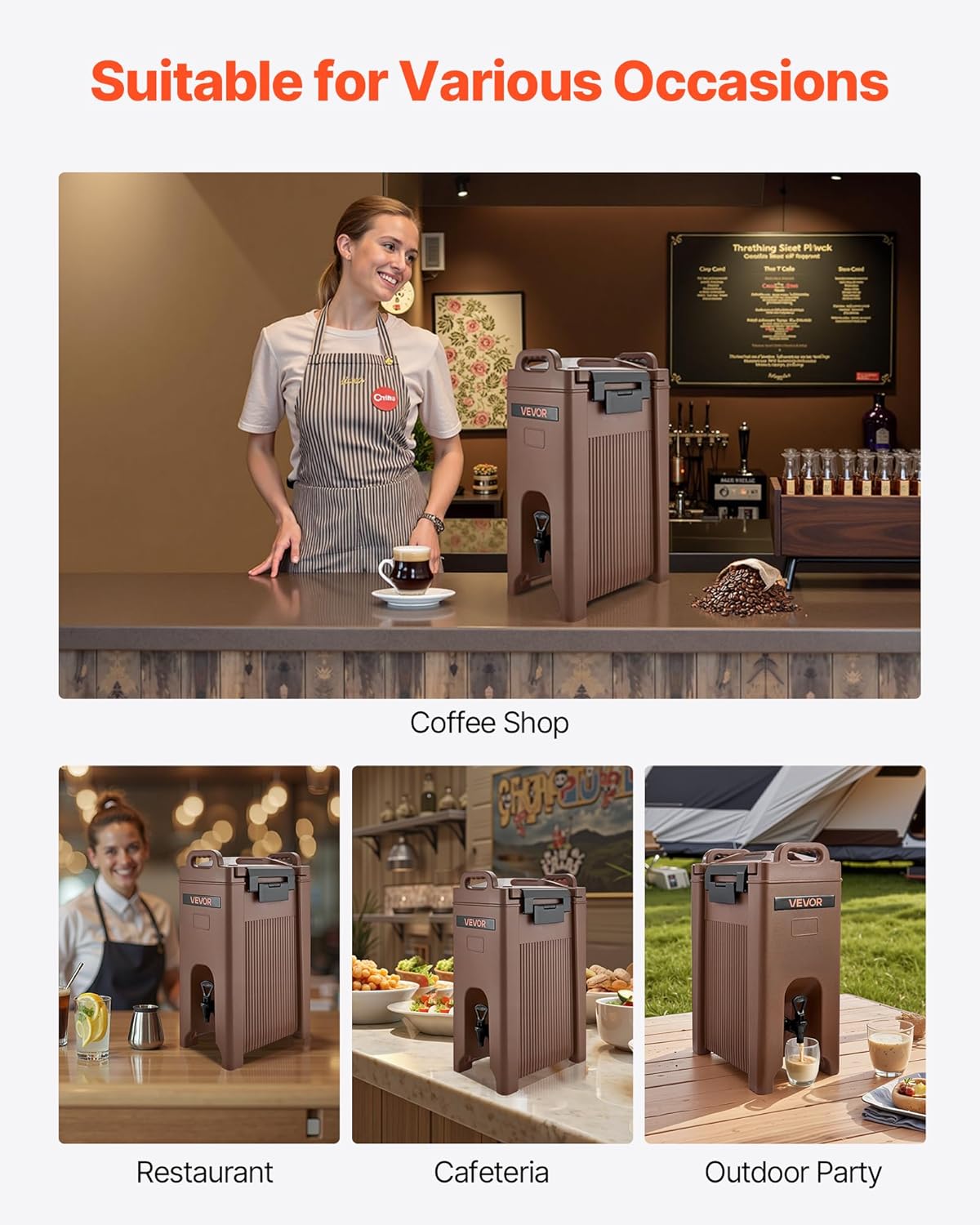 VEVOR Insulated Beverage Dispenser, 5 Gal/19L Hot and Cold Beverage Server with Spigot & Handle, Food-Grade Thermal Drink Dispenser Cooler for Tea Coffee Water in Cafes & Restaurants, Brown